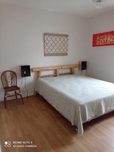 a bedroom with a bed and a chair and a window at une terrasse en ville in Langon