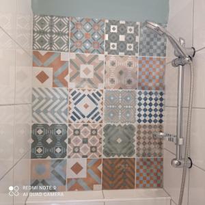 a shower with a mosaic tile wall in a bathroom at une terrasse en ville in Langon