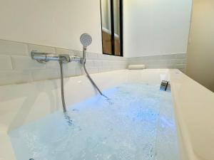 a bath tub filled with water with a shower at Wellness Suite Ponsardin 3 - Reims Centre in Reims +4 photos
