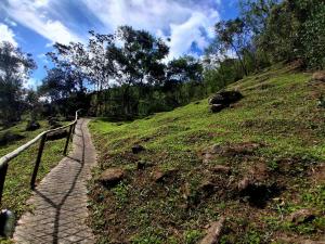 Un camino en una colina cubierta de hierba con una valla en Sítio Toca da Onça- Lumiar, en Nova Friburgo