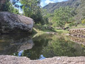 Un río con una gran roca en el agua en Sítio Toca da Onça- Lumiar, en Nova Friburgo