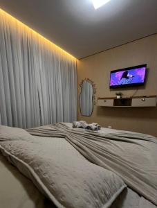 a bedroom with a large bed with a tv on the wall at Studio aconchegante e tranquilo! Perto de tudo! in Indaial