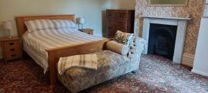 a bedroom with a bed and a chair and a fireplace at The Meadow Suite, Enholmes Hall in Patrington