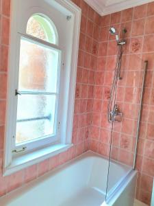 a bathroom with a shower and a tub with a window at The Meadow Suite, Enholmes Hall in Patrington