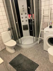 a bathroom with a shower with a toilet and a washing machine at Comfy apartment in Tromsø in Tromsø +41 photos