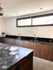 a kitchen with two sinks and a counter at DOMAINE De PLAISANCE in Cachen