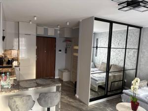 ein Wohnzimmer mit einer Küche und ein Schlafzimmer in der Unterkunft Studio Leszczyńskiego Przemyśl in Przemyśl