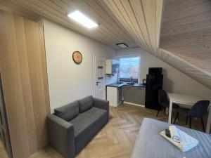 a living room with a couch and a table at Przystanek Niesiołowice - na Kaszubach in Niesiołowice