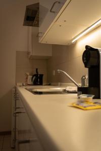 a kitchen with a white counter and a sink at Residence Fink Central Apartments in Bolzano