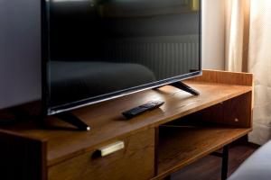 a television on a wooden stand with a remote control at Studio des roses place des Martyrs hyper centre in Ferme Thibesart +2 photos