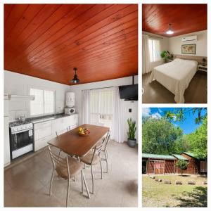 eine Küche mit Holzdecke und einem Tisch mit Stühlen in der Unterkunft Cabañas Esmeralda in Villa Ciudad de America