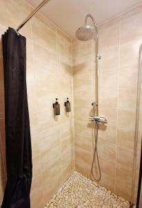 eine Dusche mit einem schwarzen Duschvorhang im Bad in der Unterkunft Duplex central à Lyon pour 5 personnes in Lyon + 15 Fotos