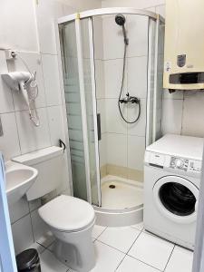 une salle de bain avec douche et machine à laver dans l'établissement Bright 2BR Apartment in Central Vienna, à Vienne 15 autres photos