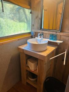 a bathroom with a sink and a mirror at Lodge Les Étoiles in Saint-Sauveur +19 photos