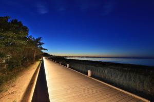 a wooden boardwalk leading to the beach at night at Kastanienhof Whg 07 in Boltenhagen