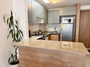a kitchen with a counter and a refrigerator at Ideal para familia de 5 in Ibarra
