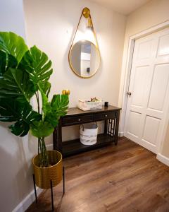 a room with a table with a plant and a mirror at 3 Bdr Apartment close to Port of Spain in Diego Martin
