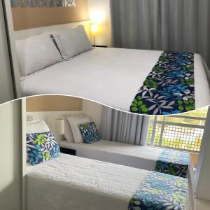 two pictures of a bedroom with a bed and a couch at Flat Granja Viana - espaço e conforto in Cotia