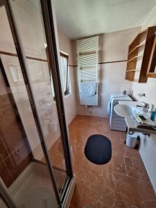 een badkamer met een douche en een wastafel bij Ferienwohnung Karin in Schwaz +1 foto