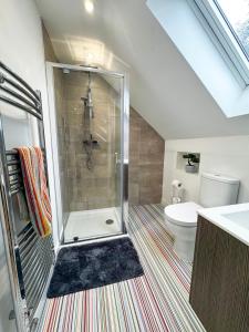 a bathroom with a shower and a toilet at New Modern Studio in Chandlers Ford with Parking in Chandlers Ford