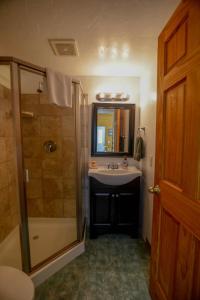 une salle de bain avec douche et lavabo dans l'établissement Spacious Waterfront Cabin Rental on the Shores of Cook Inlet, Alaska, à Kasilof