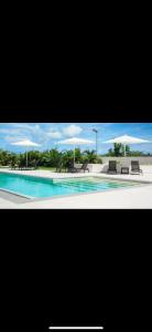 a picture of a swimming pool with benches and tables at Escapes in Simpson Bay
