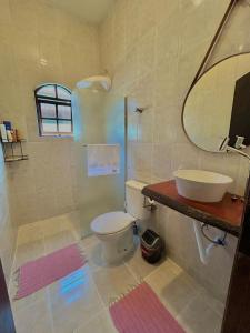 ein Badezimmer mit Toilette, Waschbecken und Spiegel in der Unterkunft Casa na serra da Mantiqueira in São José dos Campos