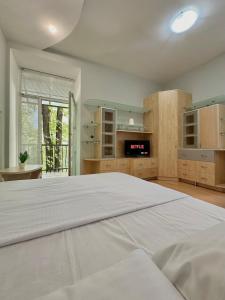 a large bedroom with a large bed and a fireplace at 1 room right near the Kreschatyk in Kyiv