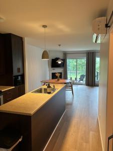 eine Küche mit Spüle und Arbeitsplatte in der Unterkunft Ski in out condo sur la montagne in Bromont