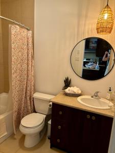 ein Badezimmer mit Toilette, Waschbecken und Spiegel in der Unterkunft Ski in out condo sur la montagne in Bromont + 20 Fotos