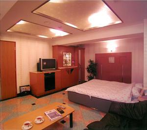 岡山市にあるHotel Queen's Court -ホテル クインズコート-のベッド、テレビ、テーブルのある寝室 +6枚の写真