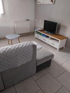 a living room with a couch and a television at Gites panoramique in Sainte-Livrade-sur-Lot