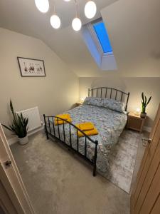 a bedroom with a bed and a skylight at Kim's Place in Hingham