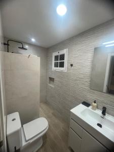 a bathroom with a toilet and a sink and a mirror at Alojamientos Vistas Edén 67 in Caleta De Fuste +16 photos