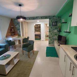 Vrnjačka BanjaにあるAPARTMANI PORTA INFINITAS centarのキッチン、緑の壁のリビングルーム