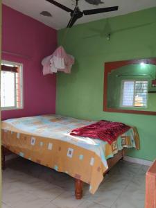 een slaapkamer met een groot bed met paarse en groene muren bij Kiran River View Guest House in Hampi