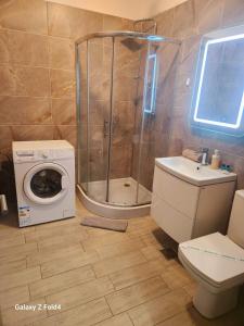 a bathroom with a washing machine and a shower at Luxury Beach Resort Apartments Piscina & Spa in Mamaia Nord