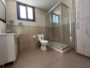 a bathroom with a shower and a toilet and a sink at House on a Hill with Stunning Views near Troodos in Silikou +23 photos