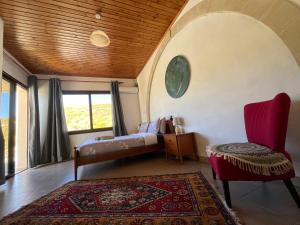 a bedroom with a bed and a chair and a window at House on a Hill with Stunning Views near Troodos in Silikou