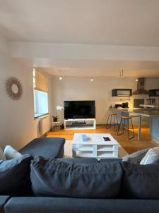 ein Wohnzimmer mit Sofa und Tisch in der Unterkunft Le Cocon Central avec Balnéo in Roanne