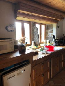 a kitchen with wooden cabinets and a counter top at Maison sur le chemin de compostelle in Thoras