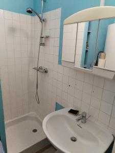 un bagno con lavandino e doccia di Studio chez Claudine a Conches-en-Ouche