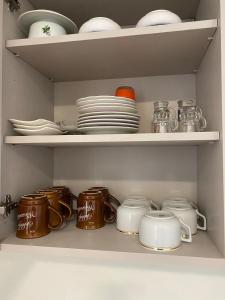 estante de cocina con platos, tazas y platos en Bluestars Home, en Karlovy Vary