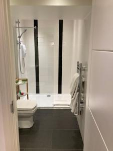 a bathroom with a shower and a toilet and a sink at NELL GWYNN HOUSE - Hotel Room Style POD Room 61 in London
