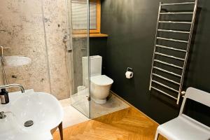 a bathroom with a toilet and a sink and a shower at Riverside Architect-Designed Garden Apartment in Süderstapel +8 photos