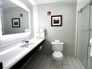 a bathroom with a toilet and a sink and a mirror at Best Western Erie Inn & Suites in Erie +11 photos