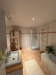 a bathroom with a tub and a sink and a shower at Nest,Ruhe und Erholung in Castrop-Rauxel +16 photos
