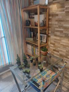 ein Glastisch mit Topfpflanzen darauf in einem Zimmer in der Unterkunft Chalé Vovó Zezé in Bertioga