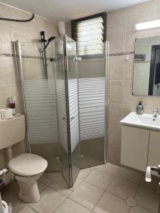 a bathroom with a shower and a toilet and a sink at B&B Amit 18 minutes from airport in Petaẖ Tiqwa