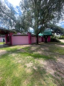 a pink house with a tree in the yard at Cabañas & Apart Yki Shamuaika in Capilla del Monte